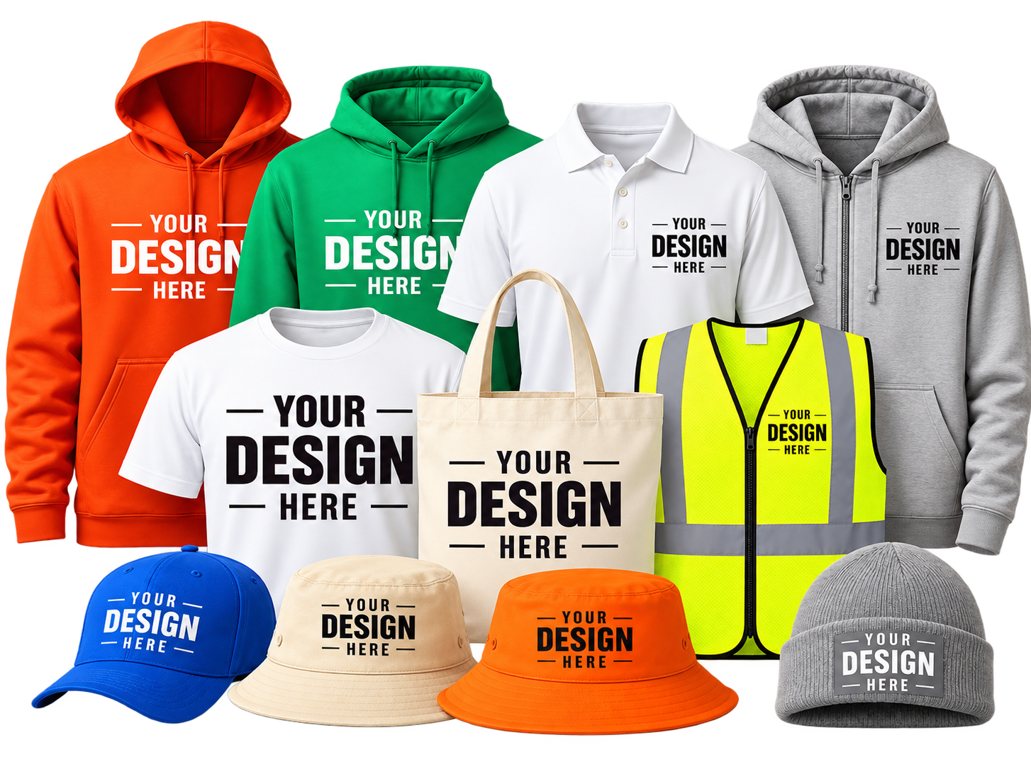 Custom printed t-shirt, sweatshirt, cap and sticker sheet with sample designs